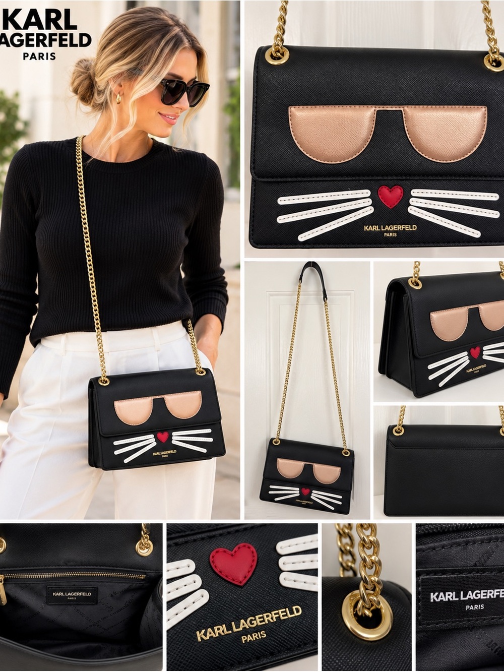 Karl Lagerfeld Paris Choupette Cat Black Gold Chain Crossbody Bag